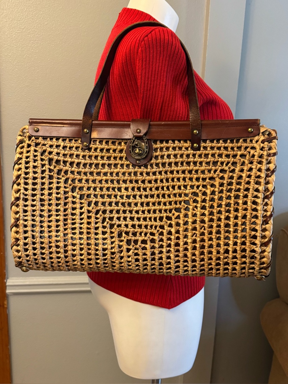 Vintage rare Elegant Hand Woven Tote in Tan and Brown 19x12